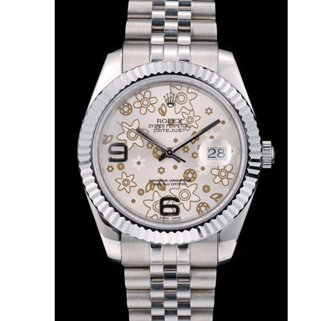 Aaa replica Rolex DateJust Ribbed Bezel Swiss Steel Stainless Flower Silver Dial 42001 0730